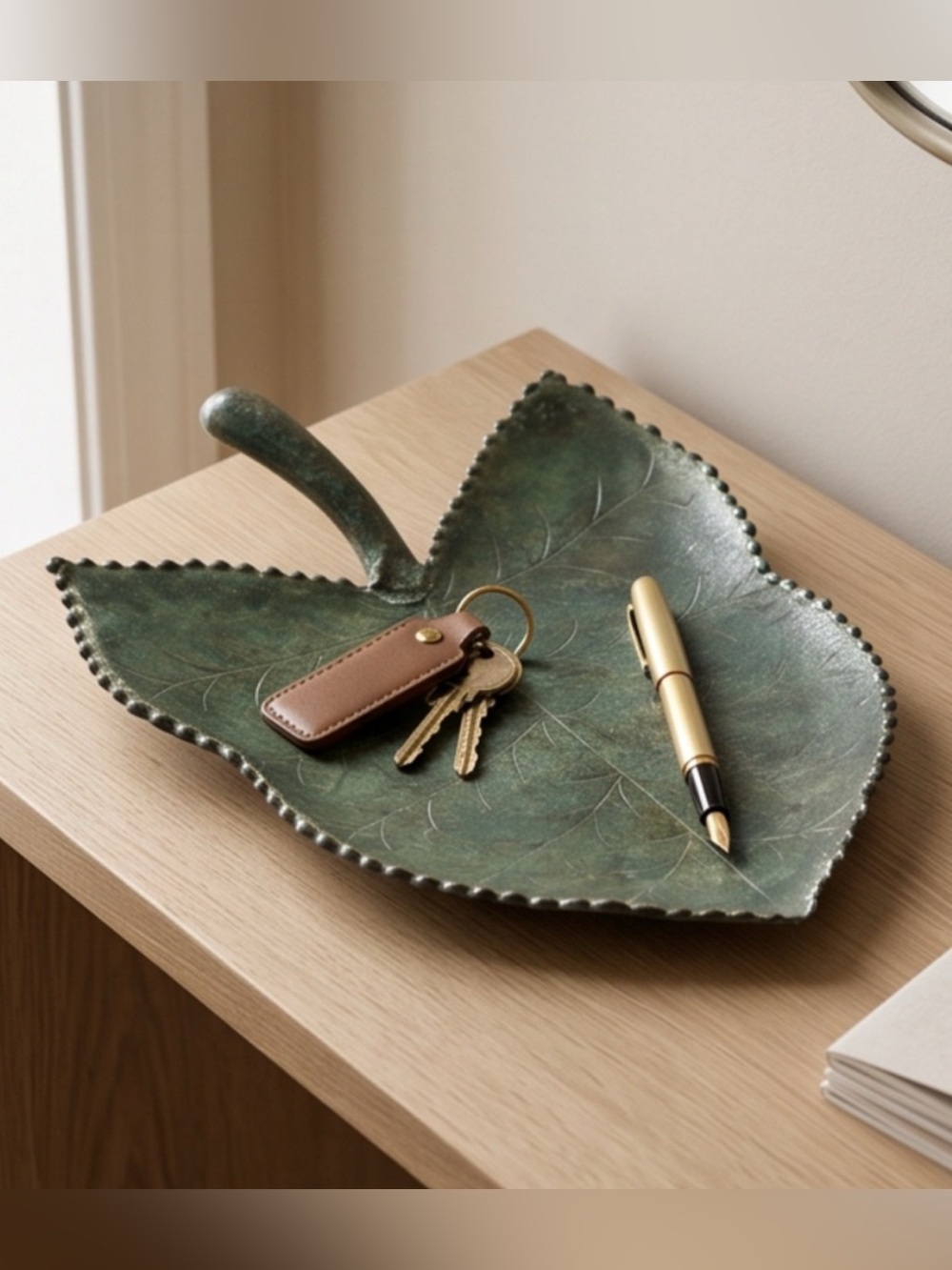 Green Patina Leaf-Shaped Decorative Tray